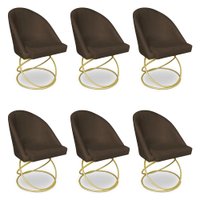 Kit 06 Cadeiras Poltrona de Jantar Bela Suede Marrom Base Metálica Luxo Dourado - Pallazio