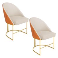 Kit 02 Cadeiras Poltrona de Jantar Bela Corano Nozes e Linho Bege Base Metálica Industrial Dourado - Pallazio