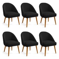 Kit 06 Cadeiras Poltrona de Jantar Estofada Luna Boucle Preto Pés Palito Castanho - Pallazio