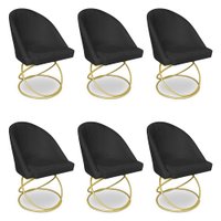 Kit 06 Cadeiras Poltrona de Jantar Bela Veludo Preto Base Metálica Luxo Dourado - Pallazio