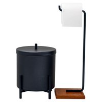 Kit Lixeira 6L e Porta Papel Higiênico Eleganza Metal Preto e Madeira - Pallazio