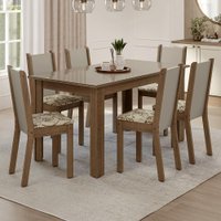 Conjunto Sala de Jantar Elóra Mesa Tampo de Vidro 6 Cadeiras Rustic/Crema/Lírio Bege Madesa