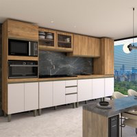 Cozinha Completa Modulada 13 Portas 3 Gavetas com Vidro Freijó/Off White - Panorama Móveis