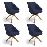 Kit 4 Poltronas Giratórias Alana Veludo Azul Marinho Base de Madeira - Pallazio