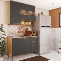 Cozinha Compacta Napoli 6 Portas 2 Gavetas 100% Mdf com Vidro Amêndoa/Cinza - Rio Doce