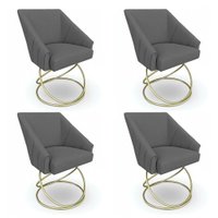Kit 4 Poltronas Luxo Alana Linho Grafite Base Luxo Dourado - Pallazio