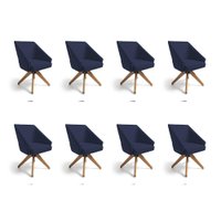 Kit 8 Poltronas Giratórias Alana Veludo Azul Marinho Base de Madeira - Pallazio