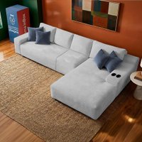 Sofá Evo 3,40m Molas Ensacadas com Chaise Lounge Direita Velourê Cinza Claro Cama inBox