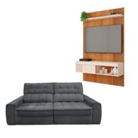 Kit Sofá Matielo América 3 Lugares Retrátil Reclinável com Painel TV 45 Jade Caemmun - Freijo/Off White/Cinza