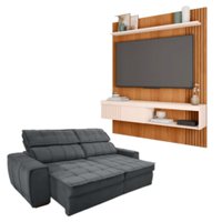 Kit Sofá Matielo América 3 Lugares Retrátil Reclinável com Painel TV 55 Esmeralda Caemmun - Freijo/Off White/Cinza