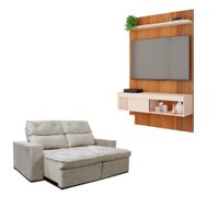 Kit Sofá Cheer Solar 3 Lugares Retrátil Reclinável com Painel TV 45 Jade Caemmun - Freijo/Off White/Bege