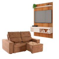 Kit Sofá Cheer Solar 3 Lugares Retrátil Reclinável com Painel TV 45 Jade Caemmun - Boucle Marrom/Freijo/Off White