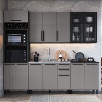 Cozinha Completa Diamante 12 Portas 3 Gavetas com Vidro Cinza/Titanio - Indékes