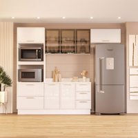 Cozinha Compacta Amara 8 Portas 4 Gavetas com Vidro Branco - Politorno