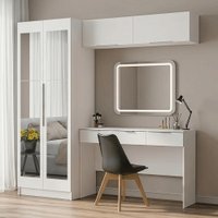 Conjunto Quarto 1 Penteadeira 2 Aéreos 1 Guarda-Roupa com Espelhos 2 Portas Neo Branco Madesa