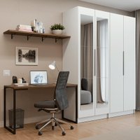 Conjunto Home Office 2 Armários Neo com Espelhos 1 Escrivaninha 2 Prateleiras Branco/Rustic Madesa