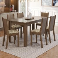Conjunto Sala de Jantar Cereja Mesa Tampo de Vidro 6 Cadeiras Rustic/Crema/Lírio Bege Madesa