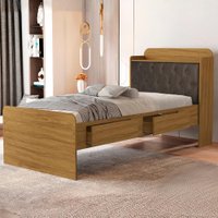 Cama Solteiro Bau 2 Gavetas MDF Tamires Capitone Nature Nogal Decmade
