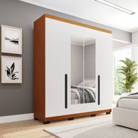 Guarda-Roupa Casal Madrid 4 Portas 4 Gavetas com Espelho Branco/Freijó - Politorno