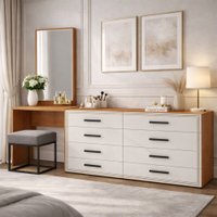 Cômoda Valência 8 Gavetas com Espelho Creme/Freijó - Politorno