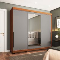 Guarda-Roupa Casal Madrid 3 Portas 4 Gavetas com Espelho Cinza/Freijó - Politorno
