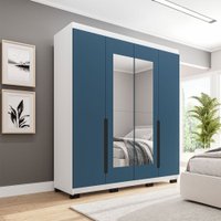 Guarda-Roupa Casal Madrid 4 Portas 4 Gavetas com Espelho Azul/Branco - Politorno