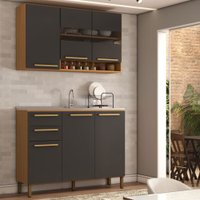 Cozinha Compacta Notte 6 Portas 2 Gavetas 100% Mdf com Vidro Amêndoa/Cinza - Panorama Móveis