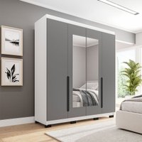 Guarda-Roupa Casal Madrid 4 Portas 4 Gavetas com Espelho Cinza/Branco - Politorno