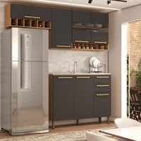 Cozinha Compacta Nottes 7 Portas 2 Gavetas 100% Mdf com Vidro Amêndoa/Cinza - Panorama Móveis