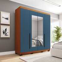 Guarda-Roupa Casal Madrid 4 Portas 4 Gavetas com Espelho Azul/Freijó - Politorno