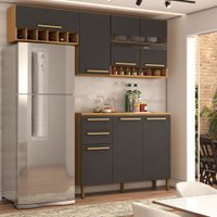 Cozinha Compacta Notte 7 Portas 2 Gavetas 100% Mdf com Vidro Amêndoa/Cinza - Panorama Móveis