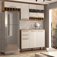 Cozinha Compacta Nottes 7 Portas 2 Gavetas 100% Mdf com Vidro Amêndoa/Off White - Panorama Móveis