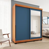 Guarda-Roupa Casal Madrid 2 Portas 2 Gavetas com Espelho Azul/Freijó - Politorno