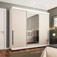 Guarda-Roupa Casal Madrid 3 Portas 4 Gavetas com Espelho Creme/Branco - Politorno