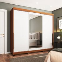 Guarda-Roupa Casal Madrid 3 Portas 4 Gavetas com Espelho Branco/Freijó - Politorno
