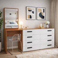 Cômoda Lisboa 8 Gavetas com Espelho Branco/Freijó - Politorno