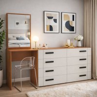 Cômoda Lisboa 8 Gavetas com Espelho Creme/Freijó - Politorno