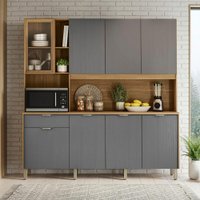 Armário De Cozinha Compacta 8 Portas 4 Nichos Namastê - Madeirado / Cinza