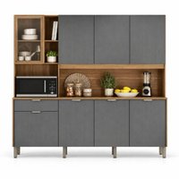 Armário De Cozinha Compacta 8 Portas 4 Nichos Namastê - Madeirado / Cinza