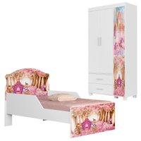 Guarda Roupa Infantil 3 Portas 2 Gavetas e Mini Cama Infantil 153x79 MDF Livia Carruagem Decmade