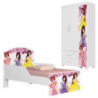 Guarda Roupa Infantil 3 Portas 2 Gavetas e Mini Cama Infantil 153x79 MDF Livia Princesas Decmade