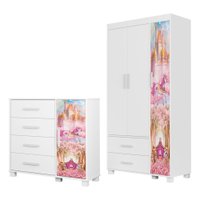 Guarda Roupa Infantil 3 Portas 2 Gavetas e Comoda 4 Gavetas 1 Porta MDF Livia Carruagem Decmade