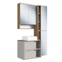 Conjunto Gabinete para Banheiro Suspenso 96cm com 4 Peças Iluminação em Led e Cuba Branca na Cor Mel/Arenas