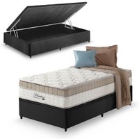 Cama Box Baú Solteiro King Preto + Colchão Molas Ensacadas Pillow In Zidi Houston 96x203x70cm