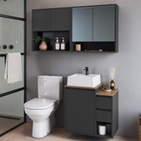 Conjunto Gabinete Suspenso Banheiro com Espelho e Cuba 60 Bahamas Grafite