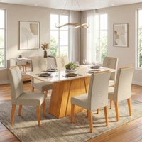 Conjunto Sala de Jantar Mesa Tampo em Vidro 1,70m Sandy 6 Cadeiras Tati - Cedro/Cappuccino