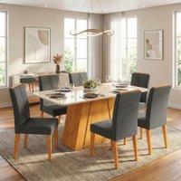 Conjunto Sala de Jantar Mesa Tampo em Vidro 1,70m Sandy 6 Cadeiras Tati - Cedro / Cinza