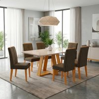 Conjunto Sala de Jantar Mesa Tampo em Vidro 1,60m Maria 6 Cadeiras Tati - Cedro/Marrom