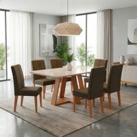 Conjunto Sala de Jantar Mesa Tampo em Vidro 1,60m Maria 6 Cadeiras Tati - Madeirado / Marrom