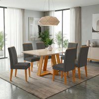 Conjunto Sala de Jantar Mesa Tampo em Vidro 1,60m Maria 6 Cadeiras Tati - Cedro / Cinza